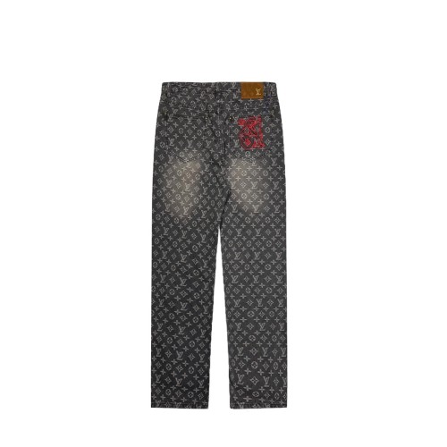 Ripped Washed Little Red Man Embroidered Jeans Gray