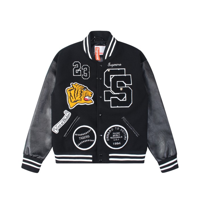 [Buy More Save More]Patchwork Labeled Tiger Head Baseball Jacket 3 Colors