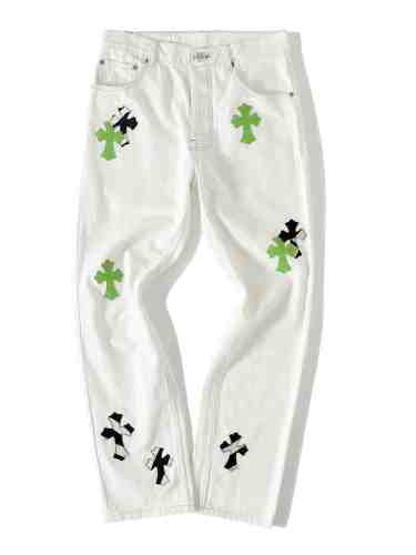 1:1 quality version Apple Green Black White Zebra Leather Cross Pure Silver Button Jeans