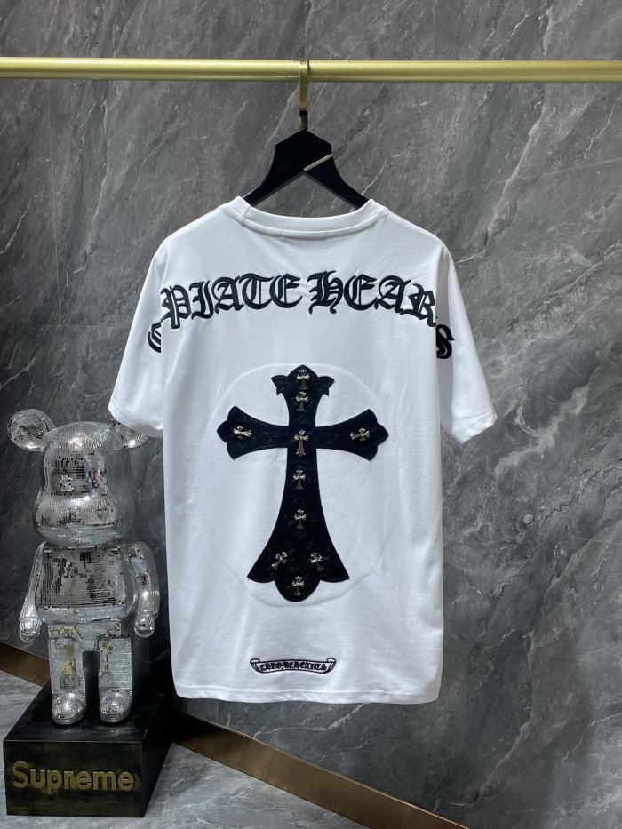 1:1 quality version Dimensional Embroidered Letter PU Leather Metal Cross Tee 2 colors