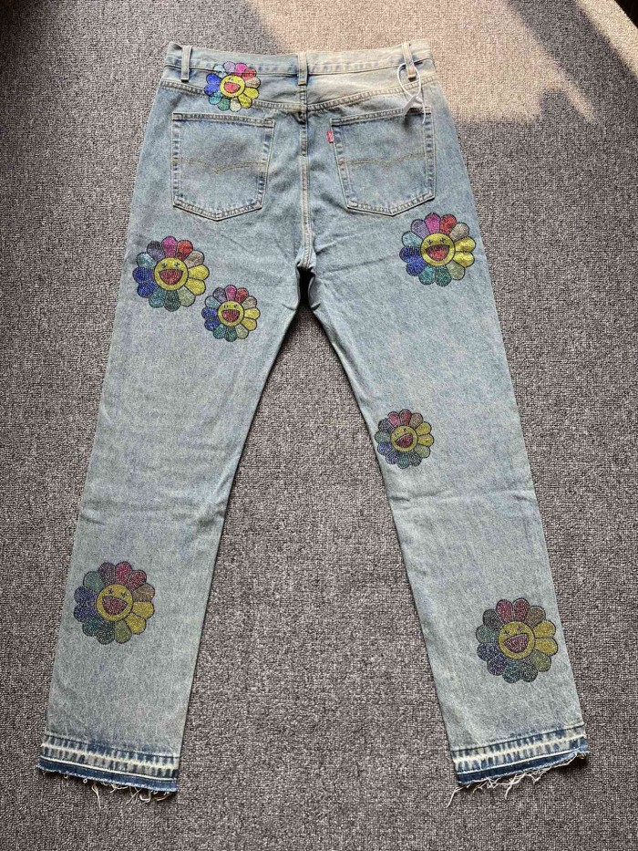 1:1 quality version Colorful Rhinestone Sunflower Jeans