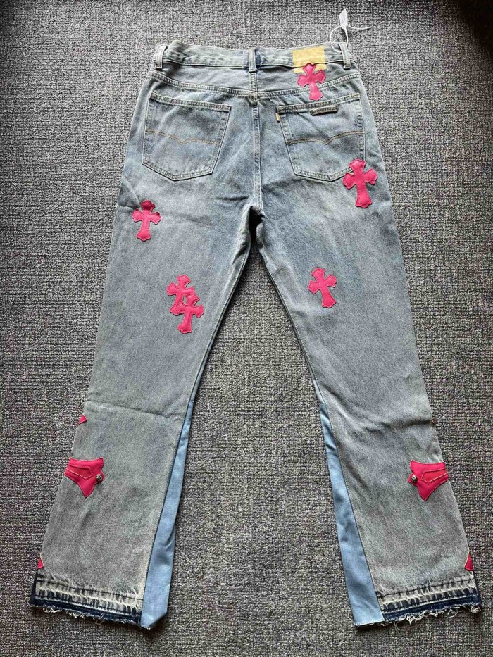 1:1 quality version Oversized pink leather logo 925 pure silver button flared jeans