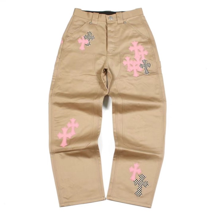 1:1 quality version Pink Leather Cross Pure Silver Button Khaki Work Pants