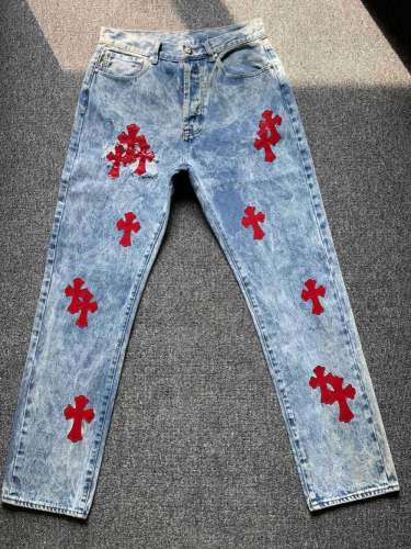1:1 quality version 925 Pure Silver Red Leather Logo Destroyed Jeans