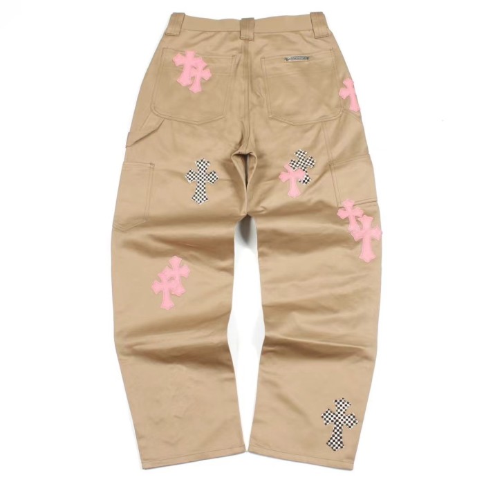 1:1 quality version Pink Leather Cross Pure Silver Button Khaki Work Pants