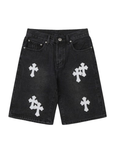 White Cross Embroidered Leather Patch Denim Shorts