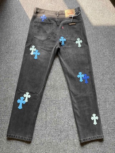 1:1 quality version 925 Pure Silver Three Blue Leather Logo Jeans