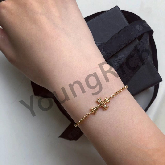 1:1 quality version Classic Sterling Silver Gold Plated 22K Gold Cross Adjustable Bracelet