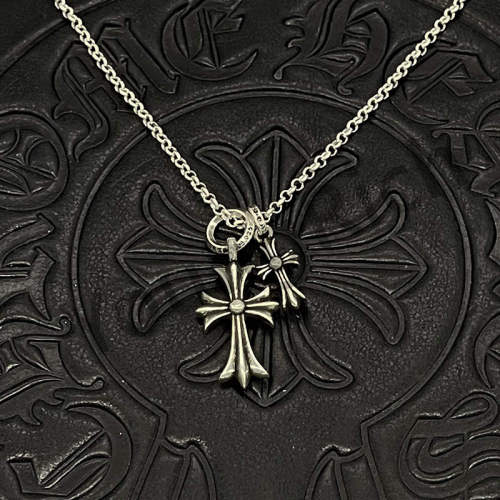 1:1 quality version Sterling Silver Double Cross Pendant Necklace 3 colors