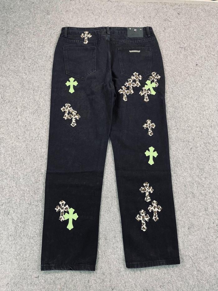 Leopard print quilted leather embroidered cross distressed straight leg jeans