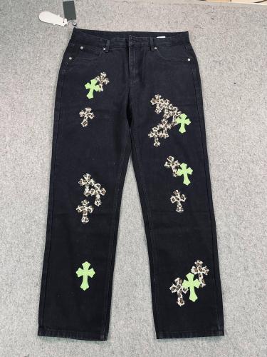 Leopard print quilted leather embroidered cross distressed straight leg jeans
