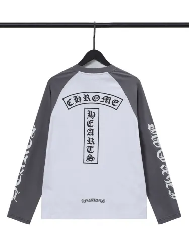 Back T-shaped Sanskrit letters printed white gray color combination long-sleeved T-shirt
