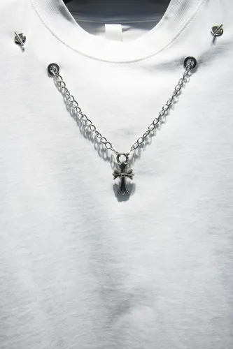 Crucifix Chain Embellished Ripped Long Sleeve T-Shirt 3 colors