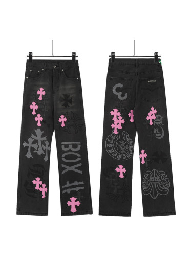 Vip Limited black & pink leather painted cross lettering jeans
