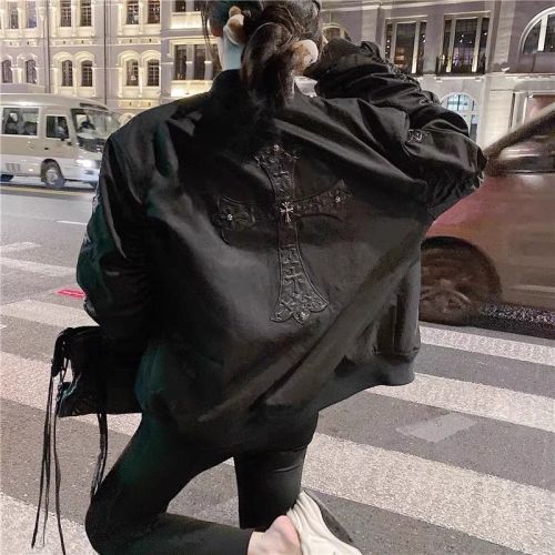 Double Sleeve Leather Cross Metal Logo Baseball  Cotton Jacket