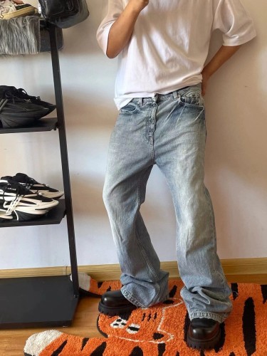 1:1 quality version Ice Blue Washed Destroyed Aged Straight Leg Micro Jeans