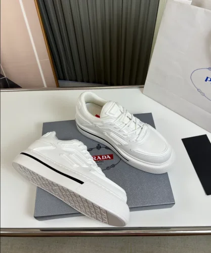 PR@DA@ MACRO RE-NYLON AND BRUSHED LEATHER SNEAKERS   PRD061