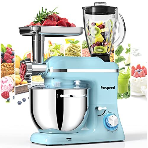 Vospeed 5 IN 1 Stand Mixer 850W Tilt-Head Multifunctional Electric Mixer with 7.5 QT Stainless Steel Bowl, Beater, Hook, Whisk, Meat Grinder, Juice Blender with 1.5L Glass Jar Dishwasher Safe - Blue