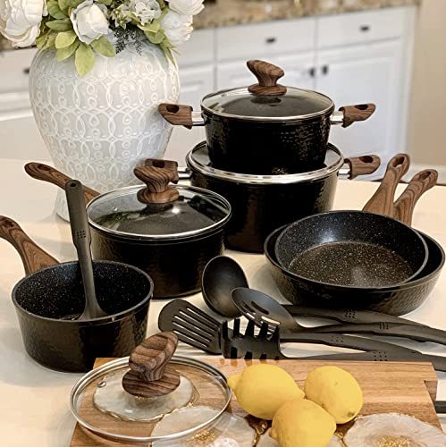 Induction Kitchen Cookware Sets Nonstick - Granite Hammered Pan Set Dishwasher Safe Cooking Pots and Pans Set