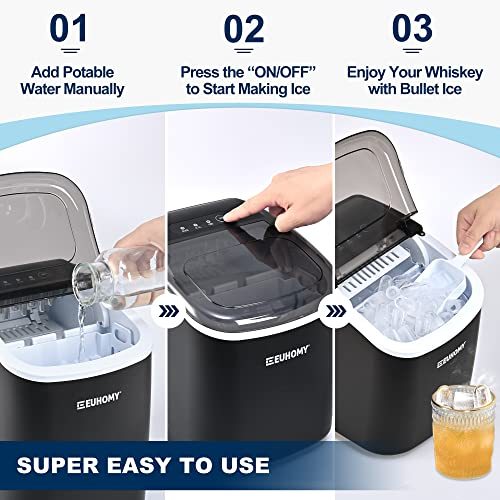 Euhomy Ice Maker Machine Countertop with Handle, 26lbs/24H, 9 Bullet Ice Cubes Ready in 6 Mins, Auto-Cleaning, Portable Ice Maker with Basket and Scoop, for Home/Kitchen/Camping/RV. (Black)