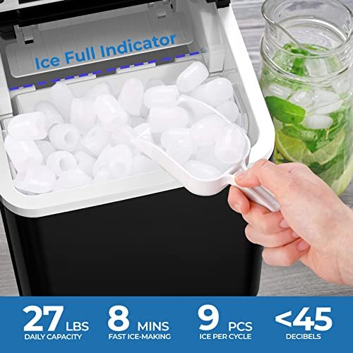 Ice Maker Machine Countertop, 27 lbs in 24 Hours, Self-Cleaning Ice Maker Countertop, 9 Cubes Ready in 8 Mins, Electric Portable Ice Maker with Ice Scoop and Basket for Home Kitchen Bar Office