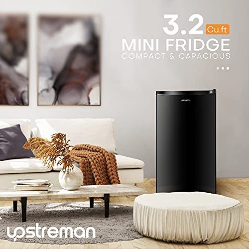 Upstreman 3.2 Cu.Ft Mini Fridge with Freezer, Single Door Mini Fridge, Adjustable Thermostat, Mini Refrigerator for Dorm, Office, Bedroom, Black-BR321