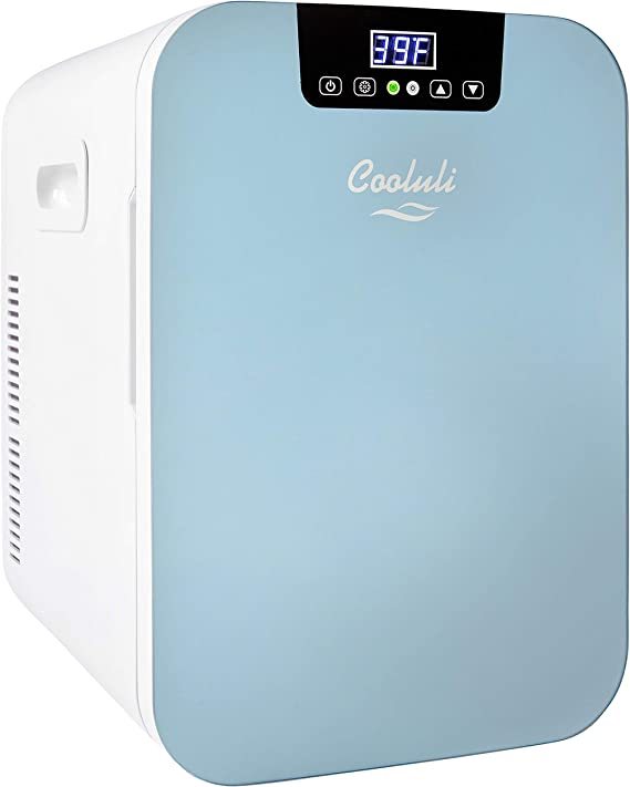 Cooluli 20L Mini Fridge For Bedroom - Car, Office Desk & College Dorm Room - Glass Front & Digital Temperature Control - 12v Small Refrigerator for Food, Drinks, Skin Care, Beauty & Breast Milk (Blue)