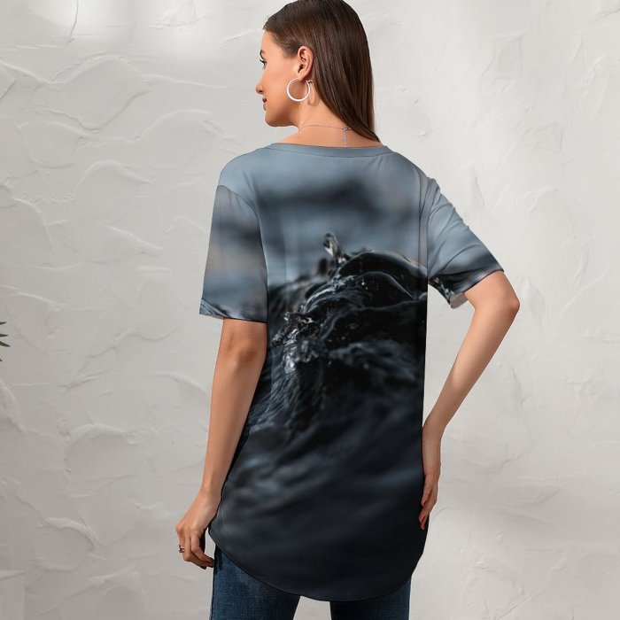 yanfind V Neck T-shirt for Women Splash Ocean Swanage Ripple Sun Wallpapers Sea Waves Ripples Stock Free Summer Top  Short Sleeve Casual Loose