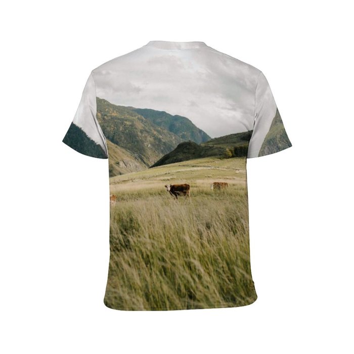 yanfind Adult Full Print T-shirts (men And Women) Landscape Field Summer Hill Farm Grass Travel Grassland Outdoors Cow Scenic