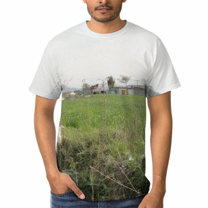 yanfind Adult Full Print T-shirts (men And Women) Landscape Trees Field Grass Houses Straws