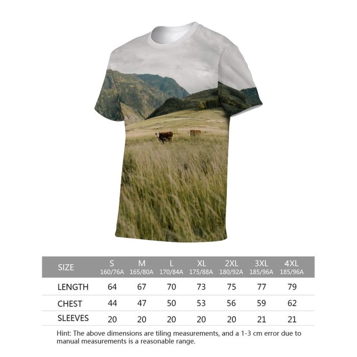 yanfind Adult Full Print T-shirts (men And Women) Landscape Field Summer Hill Farm Grass Travel Grassland Outdoors Cow Scenic