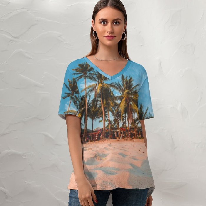yanfind V Neck T-shirt for Women Shoreline Ocean Land Kagie Island Ramon Wallpapers Sea Philippines Beach Tropical Summer Top  Short Sleeve Casual Loose