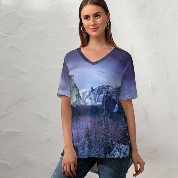 yanfind V Neck T-shirt for Women Yosemite HQ Tunnel Alps Landscape Snow Wallpapers Basin Mountain Outdoors Tree Summer Top  Short Sleeve Casual Loose