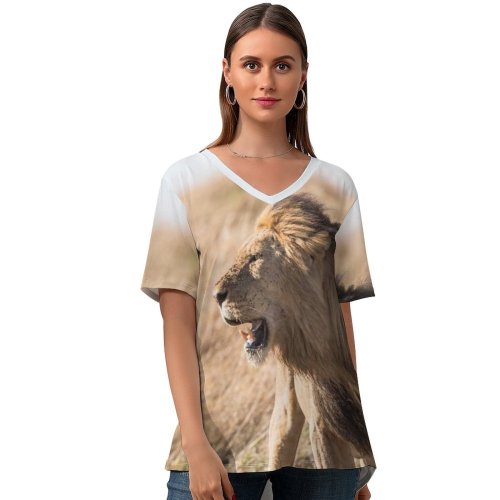 yanfind V Neck T-shirt for Women Alpha Leader Kruger Africa Wildlife Safari Stand Pictures Mane Creative Teeth Summer Top  Short Sleeve Casual Loose