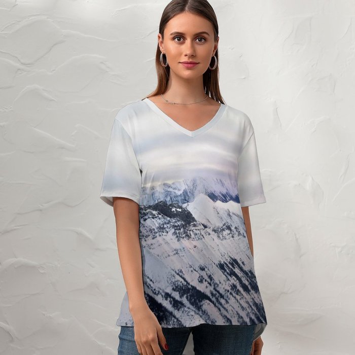 yanfind V Neck T-shirt for Women Parthiban Mohanraj Glacier Mountains Snow Covered Sunrise Landscape Mountain Range Misty Cloudy Summer Top  Short Sleeve Casual Loose
