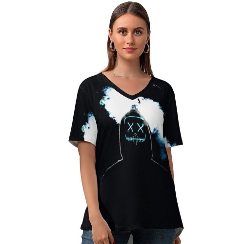 yanfind V Neck T-shirt for Women Sebastiaan Stam Black Dark LED AMOLED Anonymous Summer Top  Short Sleeve Casual Loose