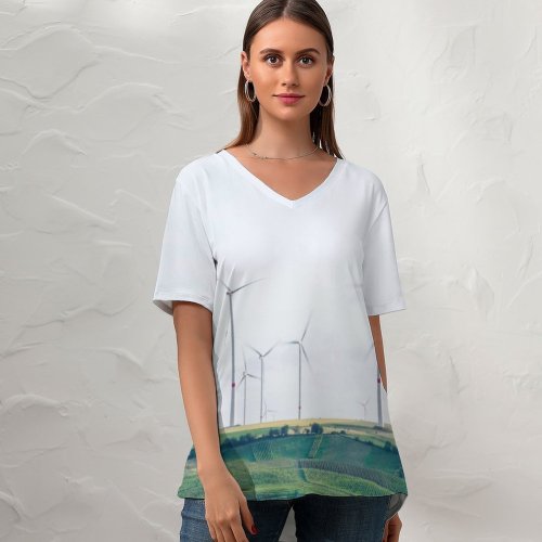 yanfind V Neck T-shirt for Women Engine Mölsheim Landscape Power Turbine Energy Generated Wind Environmental Pictures Generate Summer Top  Short Sleeve Casual Loose