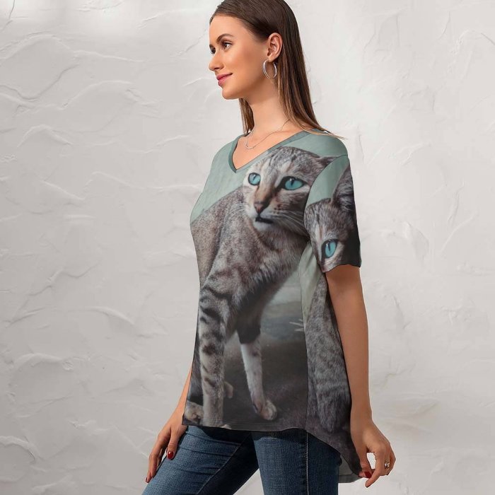 yanfind V Neck T-shirt for Women Lovely Kitty Pet Eye Manx Wallpapers Decor Abyssinian Free Blueish Pictures Summer Top  Short Sleeve Casual Loose