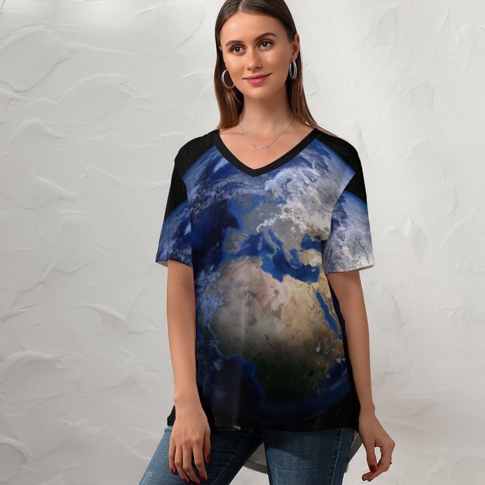 yanfind V Neck T-shirt for Women PIROD Space Black Dark Earth Planet Stars Summer Top  Short Sleeve Casual Loose