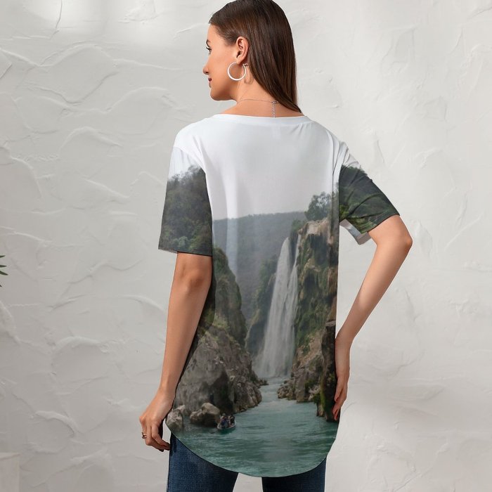 yanfind V Neck T-shirt for Women Cliff Ocean Colorful River Wallpapers Lonely Wildlife Mountain Outdoors Awesome Beauty Summer Top  Short Sleeve Casual Loose