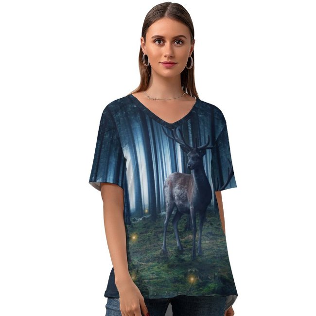 yanfind V Neck T-shirt for Women Oliver Henze Fantasy Hirsch Wild Woods Forest Tall Trees Foggy Summer Top  Short Sleeve Casual Loose