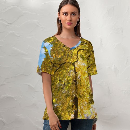 yanfind V Neck T-shirt for Women Sun Lawn Public Flare Sky Wallpapers Plant Meadow Tree Trunk Warsaw Summer Top  Short Sleeve Casual Loose