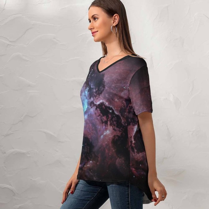 yanfind V Neck T-shirt for Women Starkiteckt Space Black Dark Atlantis Nexus Nebula Digital Render Astronomy Stars Galaxy Summer Top  Short Sleeve Casual Loose
