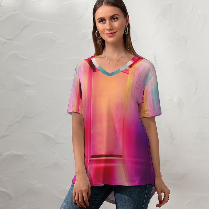 yanfind V Neck T-shirt for Women Rainbow Colorful HQ Texture Colour Wallpapers Inspiration Neon Art Pictures Creative Summer Top  Short Sleeve Casual Loose