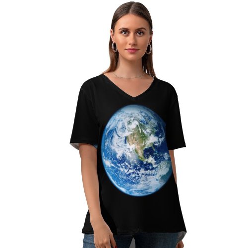 yanfind V Neck T-shirt for Women Space Earth IOS Summer Top  Short Sleeve Casual Loose