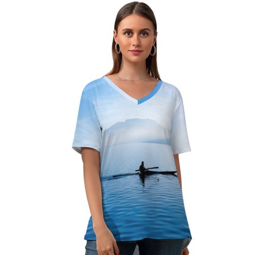 yanfind V Neck T-shirt for Women Romain Guy Annecy Feeds Kayak France Lake Glider Sailor River Waterfront Mountains Summer Top  Short Sleeve Casual Loose