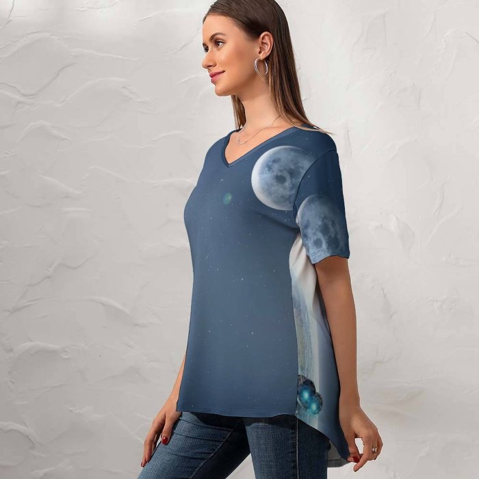 yanfind V Neck T-shirt for Women Space Spaceship Earth Moon Planets Stars Summer Top  Short Sleeve Casual Loose