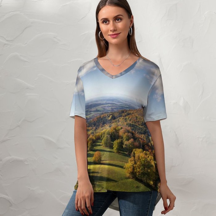 yanfind V Neck T-shirt for Women Sven Muller Castle Landscape Meadow Autumn Trees Scenery Cloudy Sky Aerial Horizon Summer Top  Short Sleeve Casual Loose