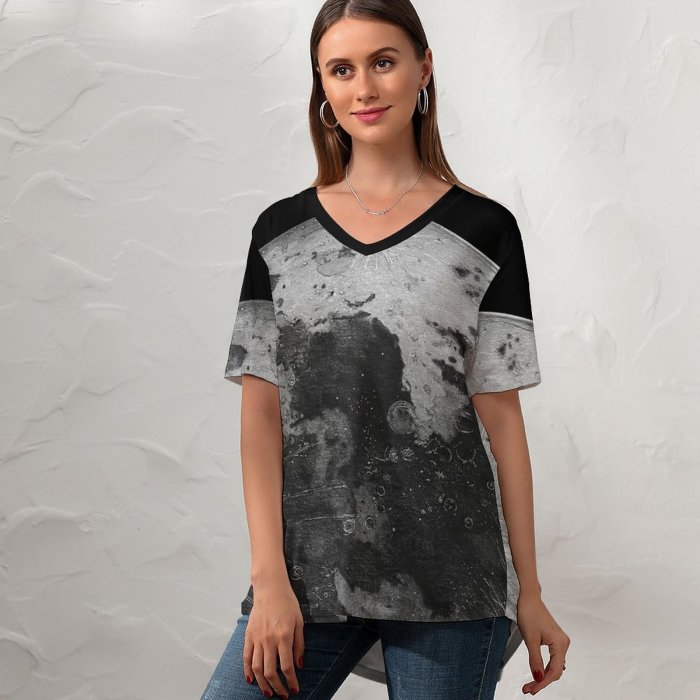 yanfind V Neck T-shirt for Women Space Black Dark Moon ColorOS Astronomy Summer Top  Short Sleeve Casual Loose