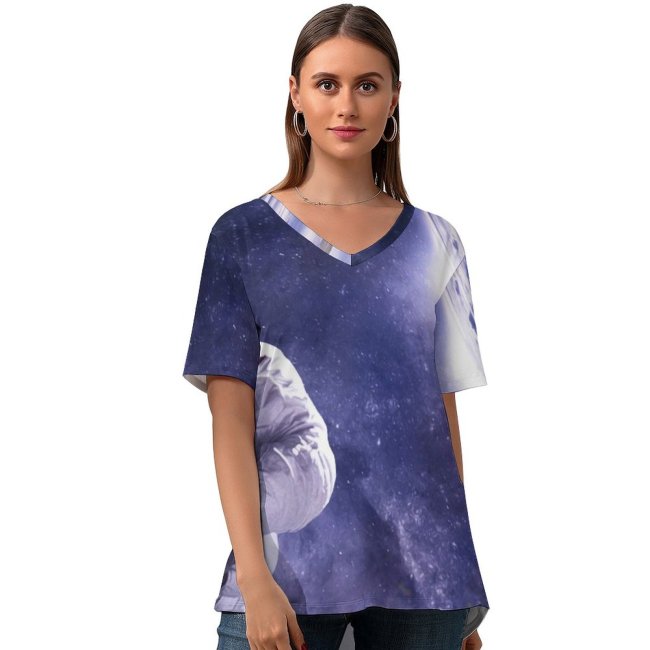 yanfind V Neck T-shirt for Women Space Astronaut Plane Astronomy USA NASA Summer Top  Short Sleeve Casual Loose